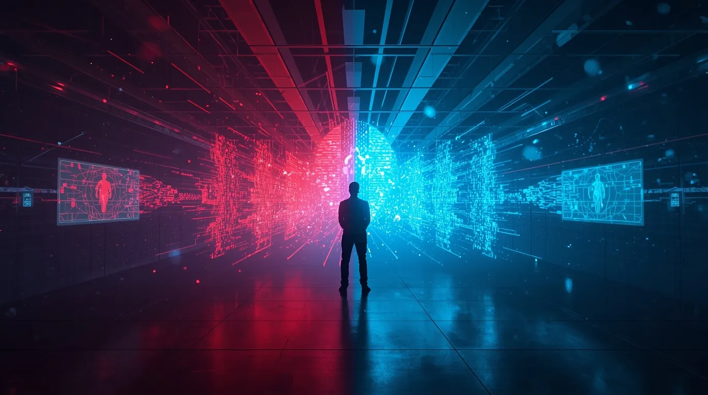 Una figura de pie entre dos muros de datos luminosos, uno rojo y otro azul, en un entorno digital oscuro